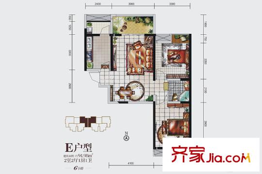 榮華北經(jīng)城6號樓e戶型 2室2廳1衛(wèi)1廚