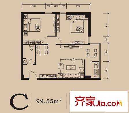 捷瑞公園首府戶型圖C戶型 2室2廳1衛(wèi)1廚
