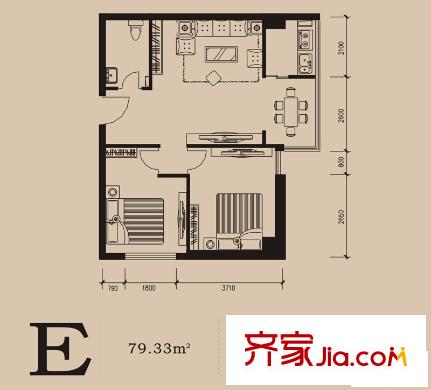 捷瑞公園首府戶型圖E戶型 2室2廳1衛(wèi)1廚