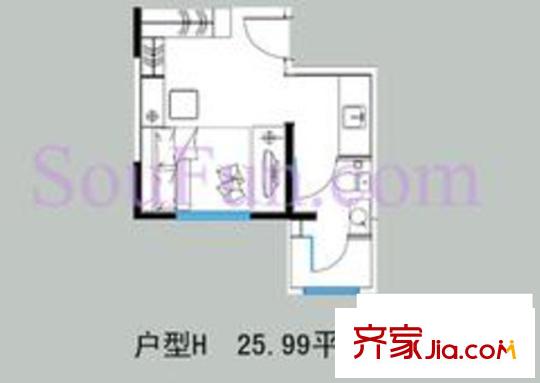 摩登部落戶型圖H戶型 1室1廳1衛(wèi)1廚
