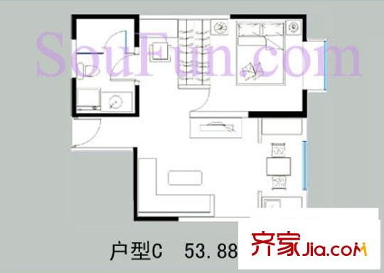 摩登部落戶型圖C戶型 1室1廳1衛(wèi)1廚