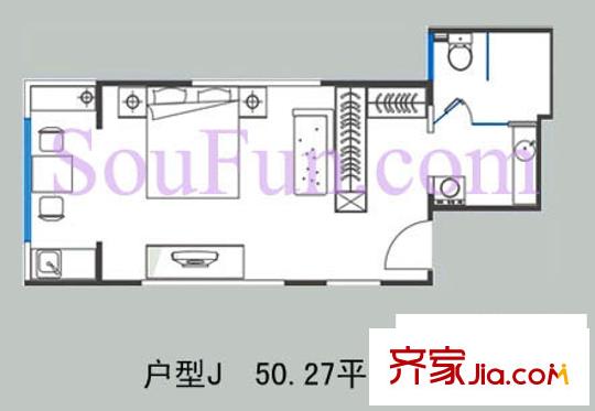摩登部落戶型圖J戶型 1室1廳1衛(wèi)1廚
