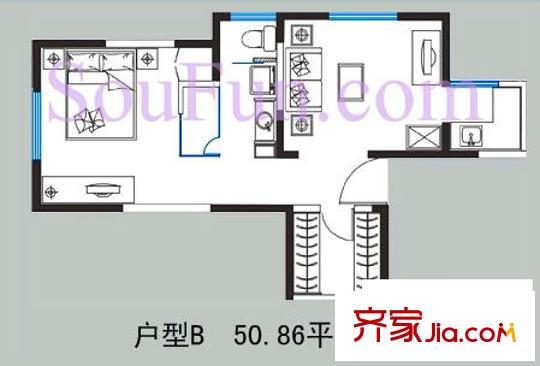 摩登部落戶型圖B戶型 1室1廳1衛(wèi)1廚