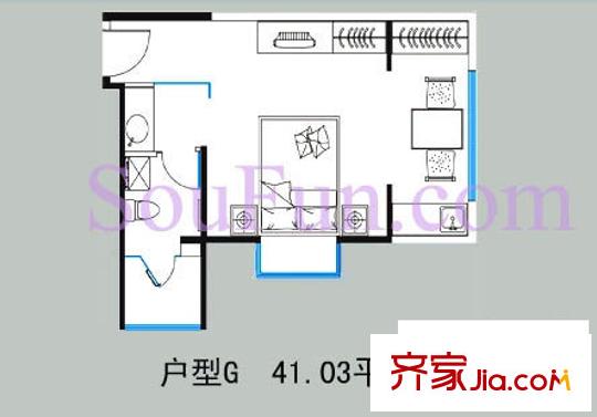摩登部落戶型圖G戶型 1室1廳1衛(wèi)1廚