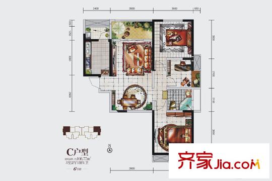 榮華北經(jīng)城6號樓c戶型 3室2廳1衛(wèi)1廚