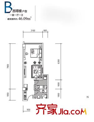 東城新一家精裝公寓B戶型 1室1廳1衛(wèi)1廚