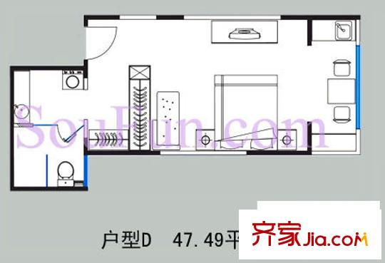 摩登部落戶型圖D戶型 1室1廳1衛(wèi)1廚