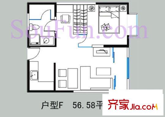 摩登部落戶型圖F戶型 1室1廳1衛(wèi)1廚