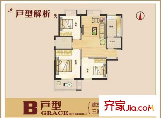風(fēng)度天城戶型圖B戶型 3室2廳1衛(wèi)1廚