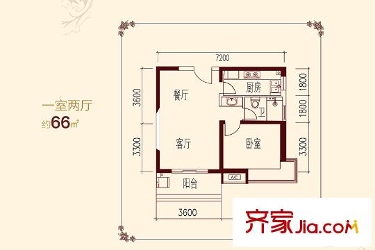 紫薇曲江意境1號樓01戶型 1室2廳1衛(wèi)1廚