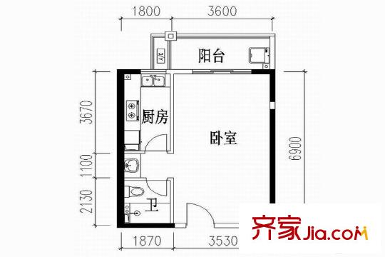 紫薇曲江意境1號(hào)樓03戶型 1室1廳1衛(wèi)1廚