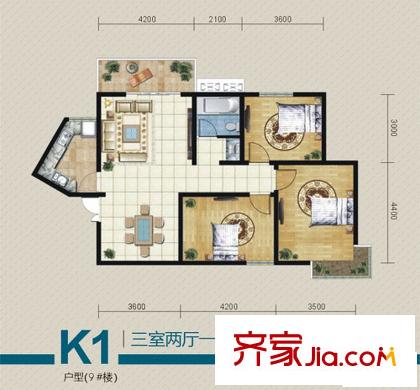 麗水花都戶型圖二期-9# K1戶型 3室2廳1衛(wèi)1廚