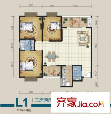 麗水花都戶型圖二期-8# L1戶型 3室2廳2衛(wèi)1廚