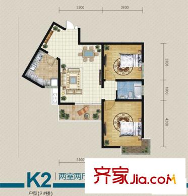 麗水花都戶型圖二期-9# K2戶型 2室2廳1衛(wèi)1廚