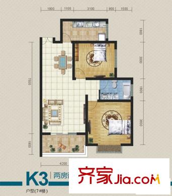 麗水花都戶型圖二期-7# K3戶型 2室2廳1衛(wèi)1廚