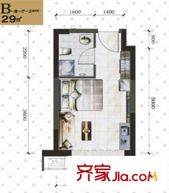 鳳城一號B戶型 1室1廳1衛(wèi)1廚