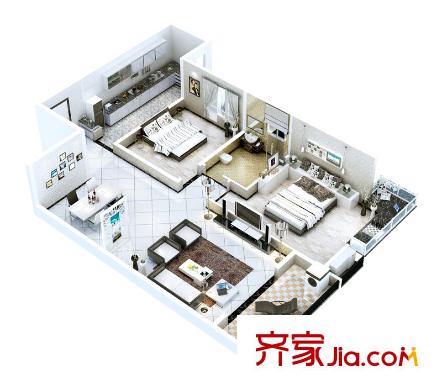 紫薇曲江意境5、8、10、12號(hào)樓 A-4戶型 三維效果圖 2室2廳1衛(wèi)1廚