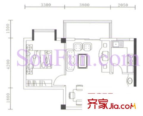 金地園戶型圖A戶型 1室2廳1衛(wèi)1廚