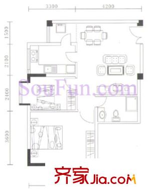 金地園戶型圖E戶型 2室1廳1衛(wèi)1廚