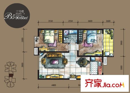 新旅城3號樓B5戶型 2室2廳1衛(wèi)1廚