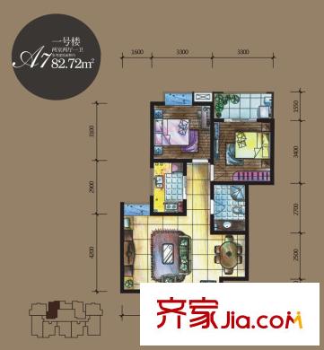 新旅城1號樓A7戶型 2室2廳1衛(wèi)1廚