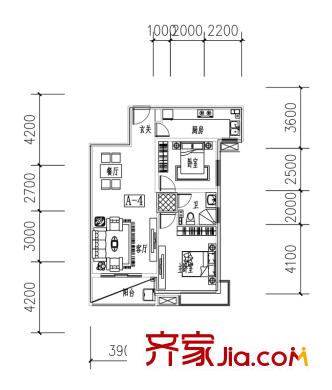 紫薇曲江意境5、8、10、12號(hào)樓 A-4戶型 2室2廳1衛(wèi)1廚