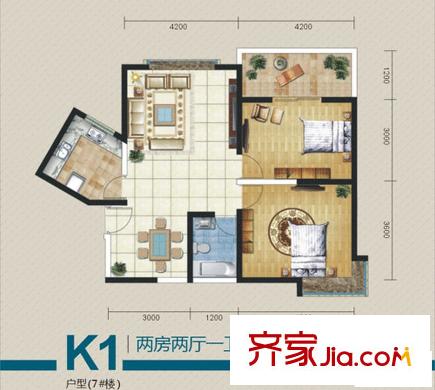 麗水花都戶型圖二期-7# K1戶型 2室2廳1衛(wèi)1廚