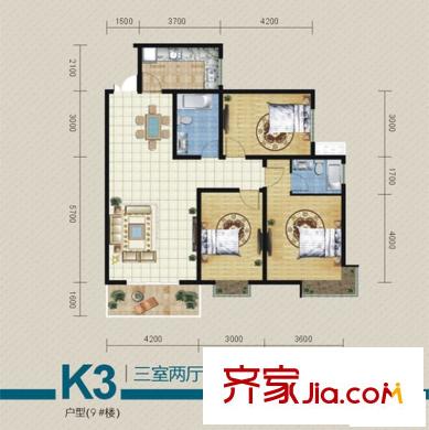 麗水花都戶型圖二期-9# K3戶型 3室2廳2衛(wèi)1廚