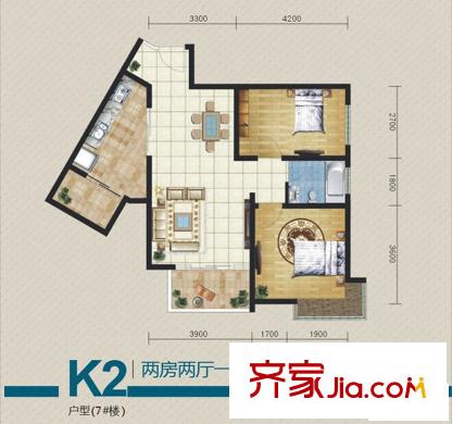 麗水花都戶型圖二期-7# K2戶型 2室2廳1衛(wèi)1廚