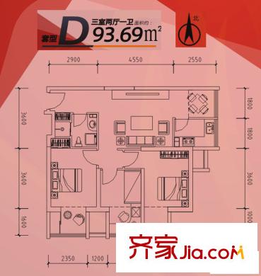 鳳城一號D戶型標(biāo)準(zhǔn)層 3室2廳1衛(wèi)1廚