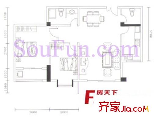 金地園戶型圖C戶型 2室2廳2衛(wèi)1廚