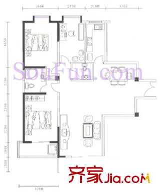 金地園戶型圖B戶型 3室2廳2衛(wèi)1廚