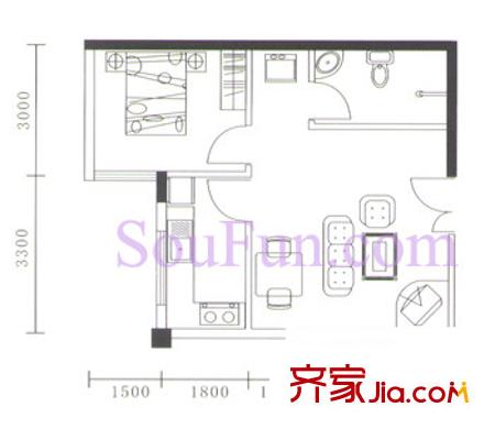 金地園戶型圖D戶型 1室1廳1衛(wèi)1廚