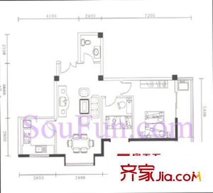 金地園戶型圖F戶型 2室1廳1衛(wèi)1廚