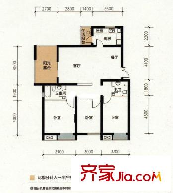 長安壹品戶型圖M1戶型 3室2廳2衛(wèi)1廚