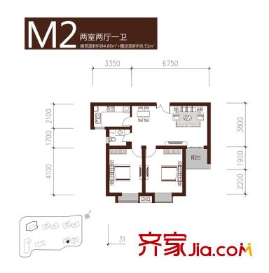 長安壹品戶型圖M2戶型 2室2廳1衛(wèi)1廚