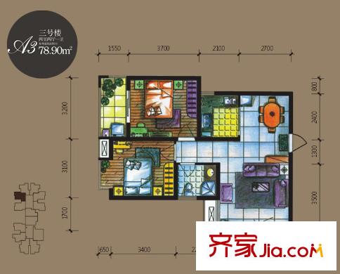 新旅城3號樓A3戶型 2室2廳1衛(wèi)1廚