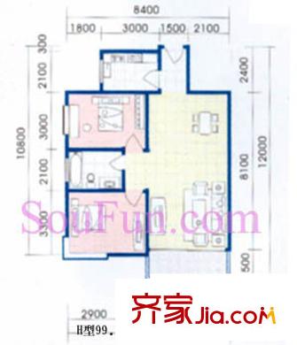 西城芳洲戶型圖H戶型 2室2廳1衛(wèi)1廚