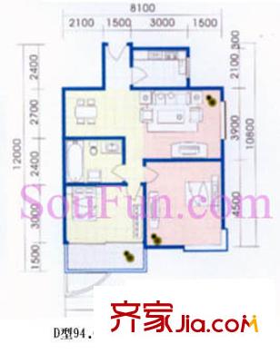 西城芳洲戶型圖D戶型 2室2廳1衛(wèi)1廚