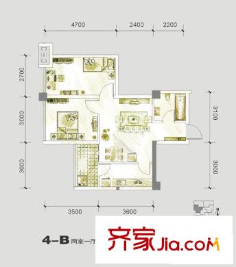 海平方米國(guó)際戶型圖4#樓-B戶型標(biāo)準(zhǔn)層戶型圖 2室1廳1衛(wèi)1廚