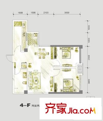 海平方米國(guó)際戶型圖4#樓-F戶型標(biāo)準(zhǔn)層戶型圖 2室2廳1衛(wèi)1廚