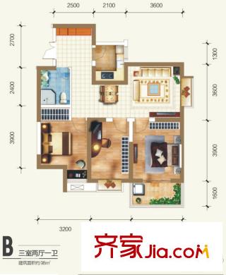 海平方米國際戶型圖7#樓B戶型標(biāo)準(zhǔn)層戶型圖 3室2廳1衛(wèi)1廚