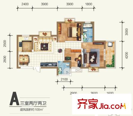 海平方米國際戶型圖7#樓A戶型標(biāo)準(zhǔn)層戶型圖 3室2廳2衛(wèi)1廚