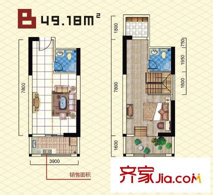 金泰絲路花城Loft-B戶型 1室1廳2衛(wèi)1廚