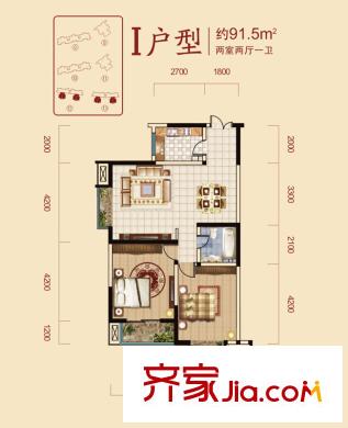 金泰絲路花城四期12#-13#-I戶型 2室2廳1衛(wèi)1廚
