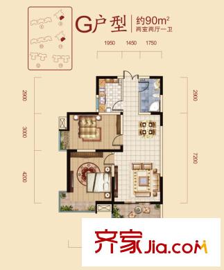 金泰絲路花城四期9#-11#-G戶型 2室2廳1衛(wèi)1廚