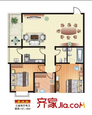 龍府北郡戶型圖A型結(jié)構(gòu)標(biāo)準(zhǔn)層戶型圖 3室2廳2衛(wèi)1廚