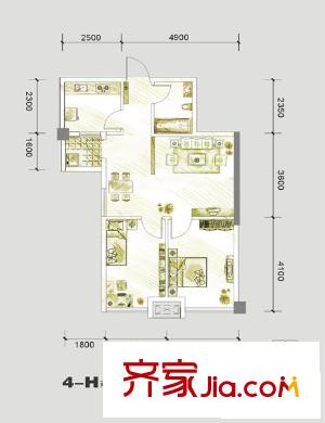 海平方米國(guó)際戶型圖4#樓-H戶型標(biāo)準(zhǔn)層戶型圖 2室1廳1衛(wèi)1廚