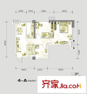 海平方米國際戶型圖4#樓-A戶型標(biāo)準(zhǔn)層戶型圖 2室2廳1衛(wèi)1廚
