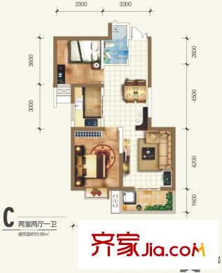 海平方米國際戶型圖7#樓C戶型標(biāo)準(zhǔn)層戶型圖 2室2廳1衛(wèi)1廚